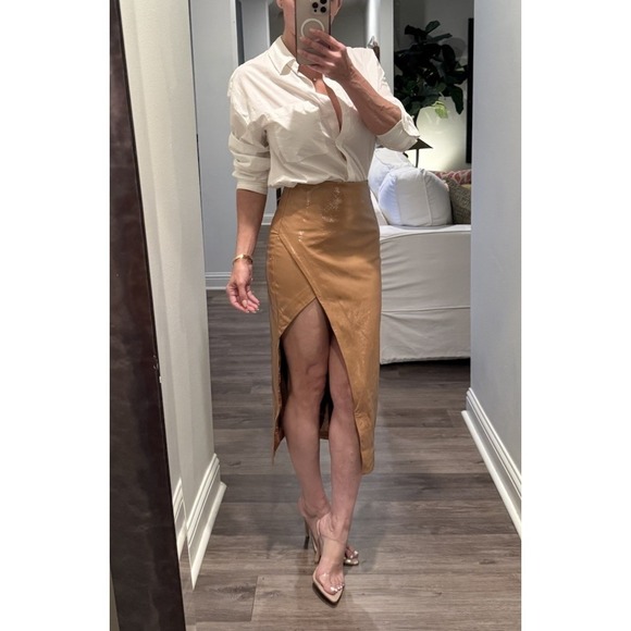 NBD Kris Midi Skirt Slit Camel Tan Revolve Faux Patent Leather Shiny